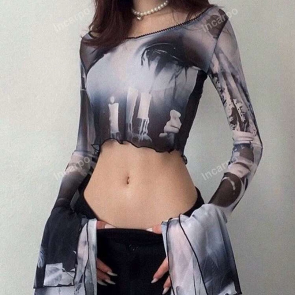SHEIN cropped sheer Graphic print with lettuce trim sleeves.